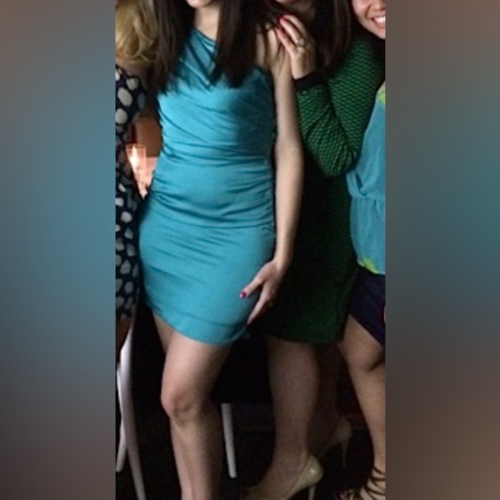 Aqua Elegant Turquoise Draped One-Shoulder Dress